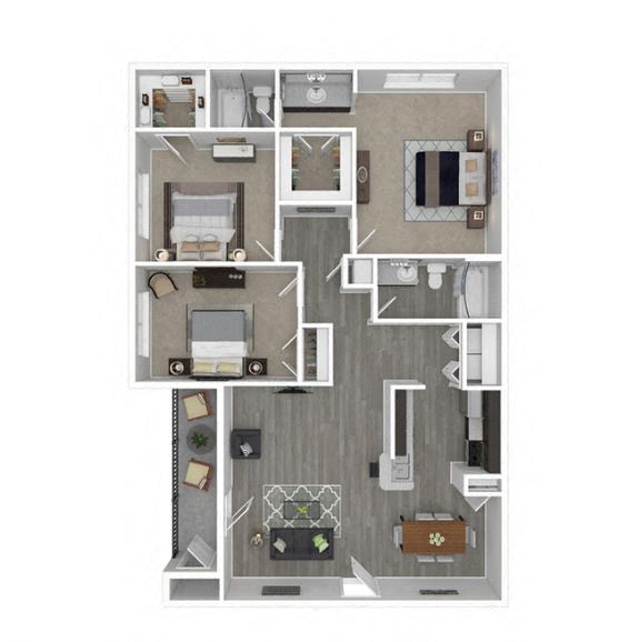 Floor plan for 3 beds, 2 baths, 1203 sqft